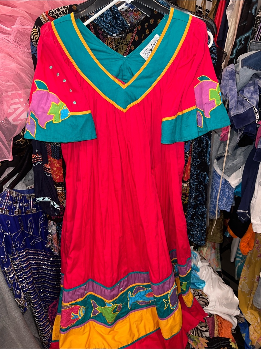 80s Farm Rio Vibes Bohemian Embroidered Tropical Fish V-Neck House Dress